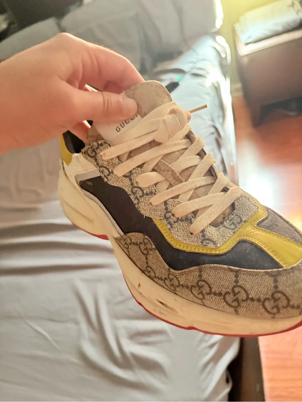 Gucci Men's Gray GG Supreme Chunky Sneaker with Yellow and Red Accents